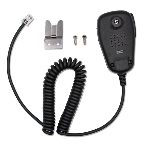 Rugged Handheld Microphone Speaker MH-48A6J with PTT Button for Yaesu Ham Radios including cable and mounting accessories.