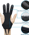 Dope Three Finger Archery Gloves Leather Shooting Protector on hand with non-slip cow leather tips and reinforced stitching details.