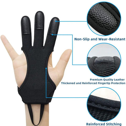 Dope Three Finger Archery Gloves Leather Shooting Protector on hand with non-slip cow leather tips and reinforced stitching details.