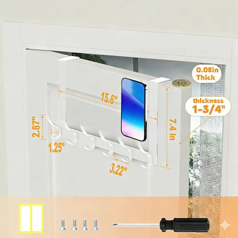 Peasulin over-the-door hook rack with 12 white hooks for towels and coats.