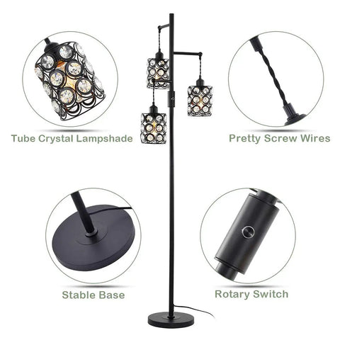 Vintage Farmhouse Floor Lamp With Three Light Tree Design, Industrial Crystal Glass Standing Lamp For Living Room Or Office, On Off Rotary Switch, 64 Inch E26 Base