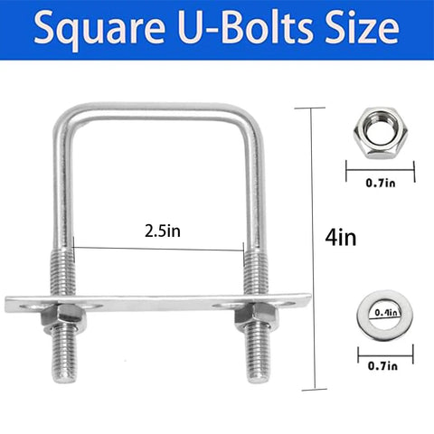Square U Bolts Kit 2-1/2 Inch Stainless Steel With Plates Nuts And Flat Washers M10 shown with dimensions