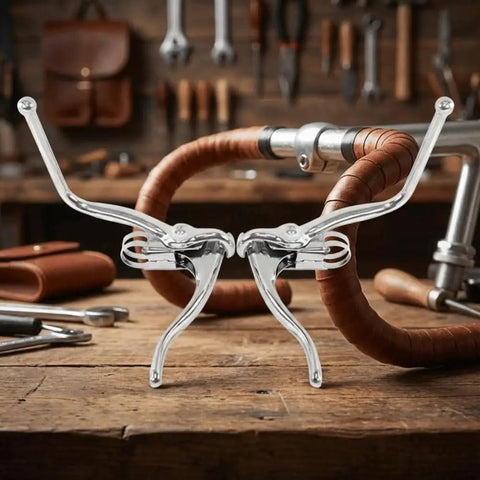 Bombproof Lightweight Aluminum Bicycle Brake Levers Dual Handle Set for 22.2mm Handlebars shown in workshop setting