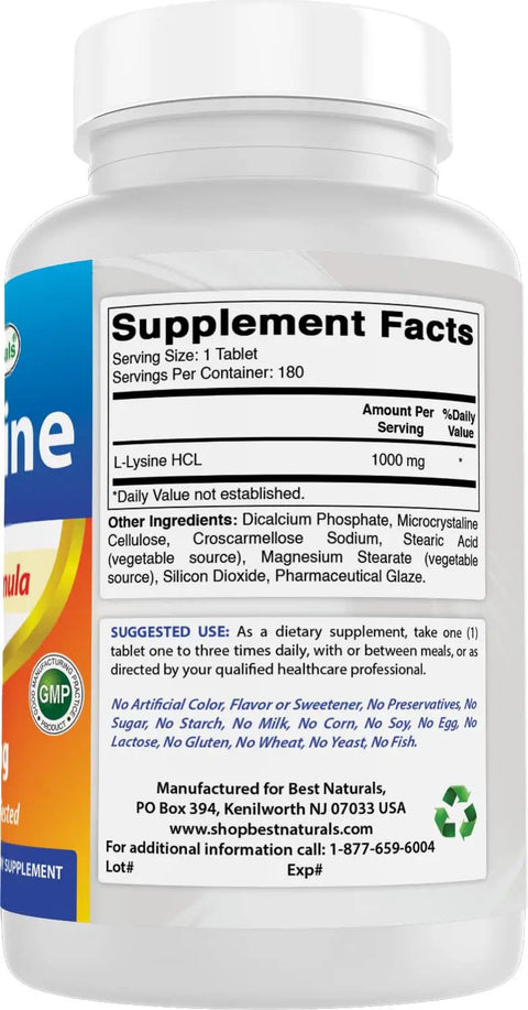 Top Shelf L Lysine 1000 Mg Tablets For Cold Sores And Immune Support 180 Count bottle showing supplement facts and ingredients.