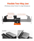 Heavy Duty 8 Inch Bench Vise With 360 Degree Swivel Locking Base and 8 Inch Jaw Opening, showcasing throat depth and two-way jaws.