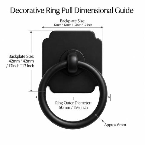2 Pack Matte Black Ring Pull Cabinet Handles With 1.6 Inch Backplates showing dimensional guide with backplate and ring size.