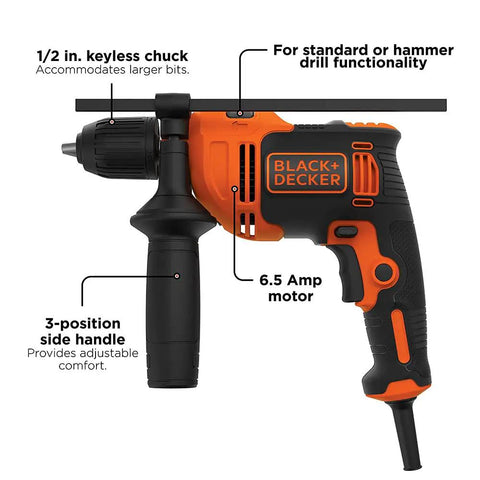 6.5 Amp Hammer Drill With 1/2 Inch Chuck Two Mode Hammer Or Drill Side Handle For Comfort Ideal For Wood Concrete Brick
