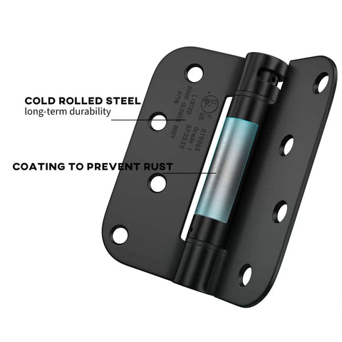 Black 4 Inch Self Closing Door Hinges, Five Eighths Inch Radius Corners, Heavy Duty Spring Hinge, Adjustable Closing, cold rolled steel