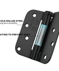 Close-up of cold rolled steel 4x4 inch hinge with coating to prevent rust from Heavy Duty Matte Black Self Closing Door Hinges 4 Pack.