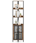 Industrial 4 Tier Corner Shelf With Cabinet Doors And Metal Frame Freestanding Brown Bookcase For Living Room Bedroom And Kitchen Space Saving 32 By 32 By 170 Cm showing metal mesh cabinet doors and decor items.
