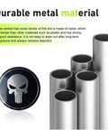 Close-up of Badass Metal Skull Wheel Center Caps 4 Piece Set Waterproof Self Adhesive Aluminum Hub Covers For Your Rig, showcasing black hub cap design.
