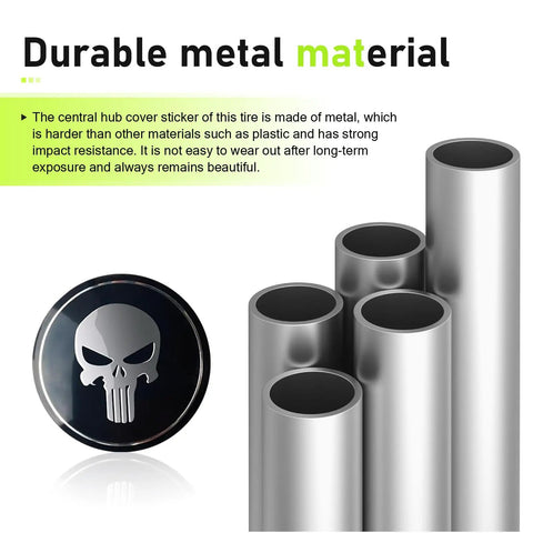 Close-up of Badass Metal Skull Wheel Center Caps 4 Piece Set Waterproof Self Adhesive Aluminum Hub Covers For Your Rig, showcasing black hub cap design.
