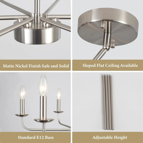 Close-up details of a six light farmhouse candle chandelier in black and brass for bedrooms kitchen island and dining rooms ceiling light fixture pendant lighting classic silhouette elegant rustic farmhouse style showing matte nickel finish, sloped ceiling compatibility, E12 base, and adjustable height rods.