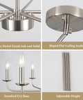 Black And Gold 6 Light Modern Farmhouse Chandelier Light Fixture components with matte nickel finish, E12 base, and adjustable height.