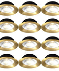 12 Pack Real Deal Copper LED Recessed Ceiling Lights, 12W Dimmable Downlights with brass baffle trim in a grid layout.