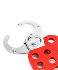 Close-up of Red 6 Pack Lock Out Tag Out Hasp Set Tamper Proof Stainless Steel Padlock Hasp With Extended Jaw for safety.
