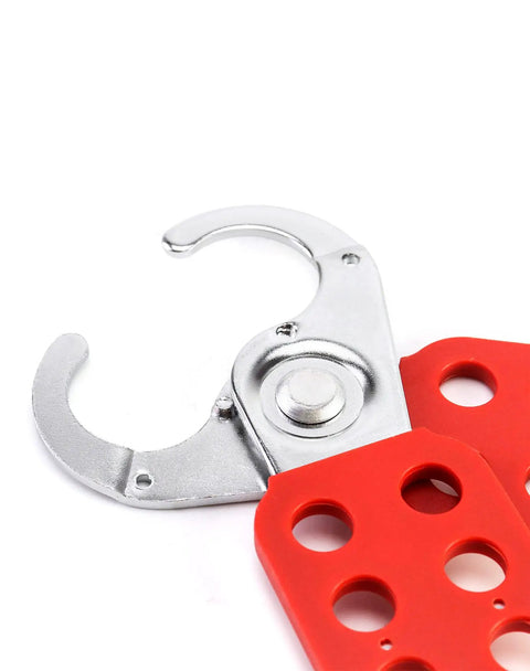 Close-up of Red 6 Pack Lock Out Tag Out Hasp Set Tamper Proof Stainless Steel Padlock Hasp With Extended Jaw for safety.