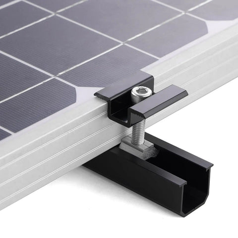 Close-up of mounting clamp on Beefy 4 Panel Side By Side Roof Mount Kit For Shingle Or Metal Roof With Hardware Heavy Duty Aluminum Rails