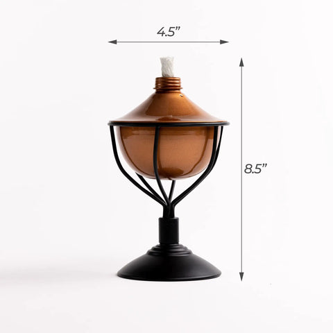 Copper tabletop torch from 4 In 1 Outdoor Mosquito Torch Set With Tabletop Stands Deck Mounts And Ground Stakes In Copper Great For Tiki Parties Use With Citronella Or Regular Torch Oil Easy Setup Backyard Vibe, 4.5x8.5 inches.