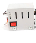 Side view of mini wood lathe head with metal housing, vent slots, and red power switch