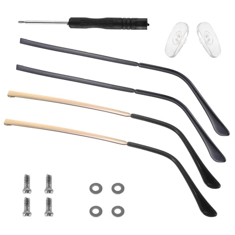 Universal Glasses Repair Kit With Screws And Two Pairs Of Replacement Arms For Broken Specs Featuring Durable TR90 Anti Slip Ear Grips That Keep Your Frames Snug And Deliver A Quick Hassle Free Fit Always. Includes black and gold TR90 arms and screws.