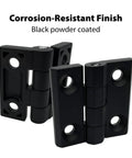 Black Zinc Alloy Cabinet Hinges 1.6 Inch Surface Mount 2 Pack Heavy Duty Hardware For Kitchen And Furniture Doors Durable Matte Finish Easy Install With Predrilled Holes Upgrade Your Home Look, shown close-up with corrosion-resistant black powder coating.