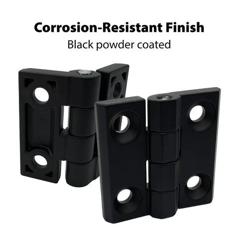 Black Zinc Alloy Cabinet Hinges 1.6 Inch Surface Mount 2 Pack Heavy Duty Hardware For Kitchen And Furniture Doors Durable Matte Finish Easy Install With Predrilled Holes Upgrade Your Home Look, shown close-up with corrosion-resistant black powder coating.