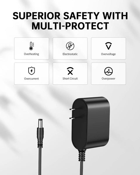 10V Charger For Bissell Pet Stain Eraser showing safety features such as overheating and overcurrent protection.
