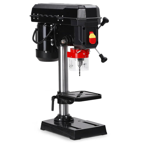 Powerful 2.5A Benchtop Drill Press With 5 Variable Speeds From 740 To 3100 RPM, 0-45 Degree Tilting Table And Clear Safety Guard.