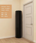 Toss Sneaker Chaos At The Door With This Sleek Rotating Shoe Rack, 43cm diameter, 169cm tall, black cabinet in corner.