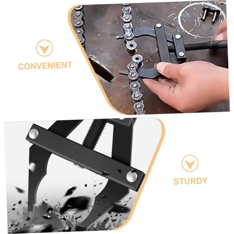 Close-up of Shop Grade Motorcycle Chain Tensioner Tool Badass Heavy Duty Steel Chain Adjuster Wrench in use on motorcycle chain.