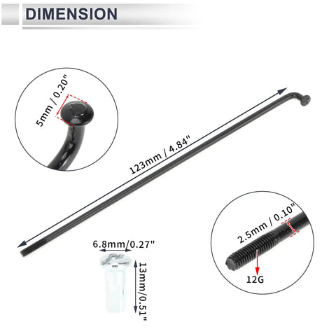 Diagram showing dimensions of Universal Bicycle Spokes Set 12G 123mm Length With Nipples Black Carbon Steel