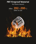 E26 To E12 Light Socket Adapter 6 Pack Converts E26 And E27 Fixtures To E12 Bulbs Ideal For LED And CFL Safe UL Listed 75W Max Heat Resistant No Fire Hazard Easy Install No Fuss Ceiling Lamp Upgrade shows a single adapter in flames illustrating PBT fireproof material at 200C