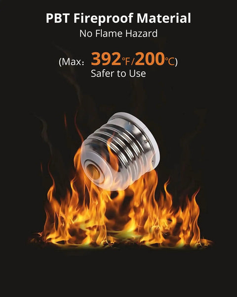 E26 To E12 Light Socket Adapter 6 Pack Converts E26 And E27 Fixtures To E12 Bulbs Ideal For LED And CFL Safe UL Listed 75W Max Heat Resistant No Fire Hazard Easy Install No Fuss Ceiling Lamp Upgrade shows a single adapter in flames illustrating PBT fireproof material at 200C