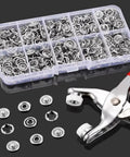Snap Fasteners Kit With 100 Sets Of Metal Snaps And Pliers Tool For DIY Crafts Clothing Sewing Hats Easy Fabric Installation Nine Point Five Millimeter 400 Pieces Ideal For Craft Projects And Quick Repairs with visible storage box and red-handled plier.