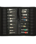 18 Piece Pro Terminal Removal Tool Kit With Ejector And Key Extractor in a black cloth bag, showing metal tools organized in rows.