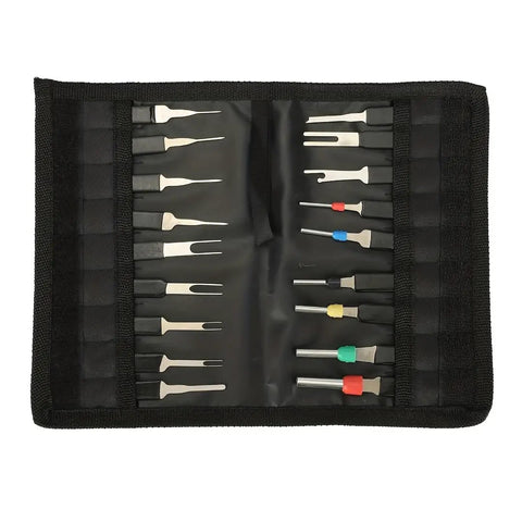 18 Piece Pro Terminal Removal Tool Kit With Ejector And Key Extractor in a black cloth bag, showing metal tools organized in rows.