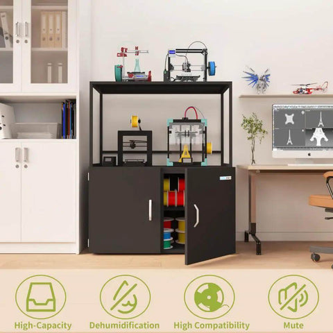 Beefy 300L Filament Storage Cabinet With Dehumidifier for 3D printing, black cabinet with open doors showing spools, in a workshop.