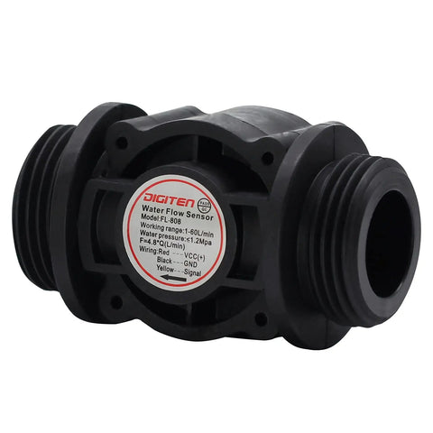 Water Flow Hall Effect Sensor Switch And Flow Meter 1-60 L/min, 5-18V DC, Square Pulse Output, black, side view.