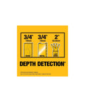 Depth detection chart showing 3/4 inch for wood and metal studs, 2 inches for live wires, Stud Finder For Framing And DIY Projects Locates Three Quarter Inch Wood And Metal Studs With Center Find And LED Arrows For Quick Visuals, Detects Live Wires, Auto Calibration, Center Mark Channel For Precise Wall Layouts.