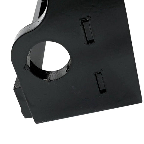Close-up of X Change Quick Hitch Coupler for Mini Excavators, black steel attachment, heavy duty bracket for Bobcat E Series buckets.