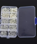 Kickass White Nylon Screws Assortment Kit For Tough Diy And Garage Repairs Featuring Heavy Duty Fasteners In Sleek Portable Storage Box With 270 Pieces, showing assorted fasteners in clear organizer.