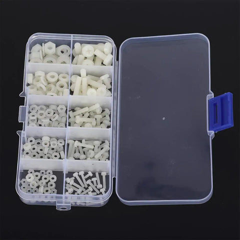 Kickass White Nylon Screws Assortment Kit For Tough Diy And Garage Repairs Featuring Heavy Duty Fasteners In Sleek Portable Storage Box With 270 Pieces, showing assorted fasteners in clear organizer.