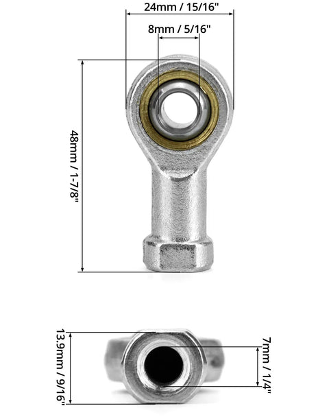 8mm Rod End Bearing Set 10 Pcs M8x1.25 Female Right Hand Thread Self Lubricating Articulated Bearings With Bronze Seat Ring And Hardened Chrome Plated Ball Built Tough For Linkages, 8mm bore and 48mm length