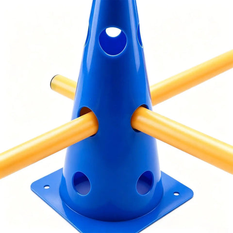 Backyard Agility Course Set With Low Hurdles And Cone Obstacles For Pups And All Breed Sizes, blue cone with yellow hurdle poles