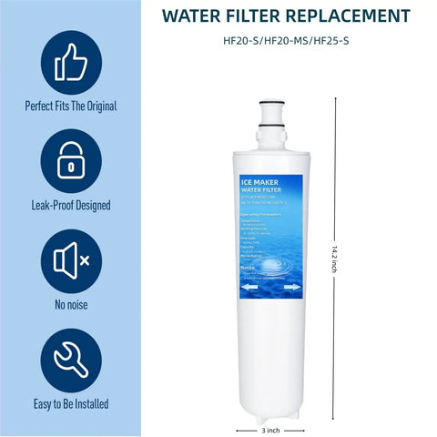 No Gimmicks 3M High Flow Water Filter Replacement 3 Pack Compatible With Hf20 And Hf25 Coconut Carbon Ice Maker Cartridge showing filter dimensions.