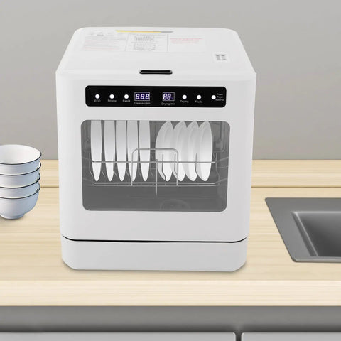 Compact Countertop Dishwasher 1.8 Gallon Capacity Plug And Play Portable Unit With Four Efficient Wash Cycles Slick White Finish on kitchen counter.