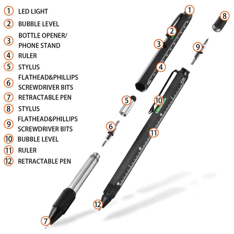 2 Pack 9 In 1 Multi Tool Pen Set For Men Cool Gadgets Gift For Dad Husband Boyfriend Grandpa From Daughter Wife Christmas Stocking Stuffers Birthday Gift, showing tool components: LED light, stylus, ruler, level, screwdriver bits, and retractable pen.