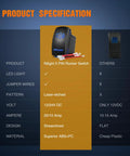 Lit Blue LED 5 Pin Rocker Switch SPST On Off With Jumper Wires Set, product specifications displayed on a sheet, includes diagram.