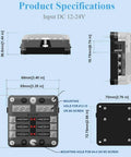 Diagram of waterproof 12V fuse panel with LED indicators, showing dimensions and mounting specs for boat, RV, and truck use.